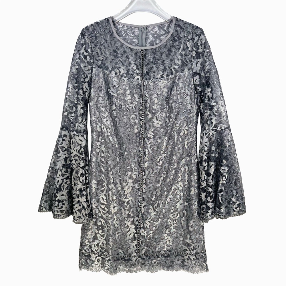 WHBM Dress Size 4 Cocktail Shift Lace Bell-Sleeve Silver Zipper STYLE 570189285